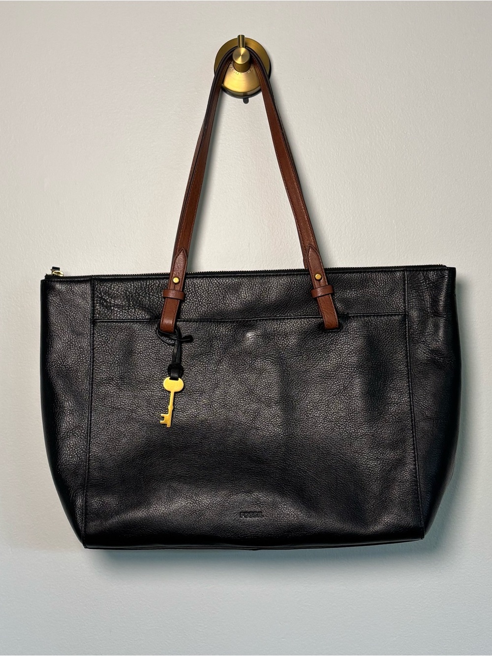 Fossil Rachel Black Leather Tote with Brown Shoulder Straps - New w/o tags